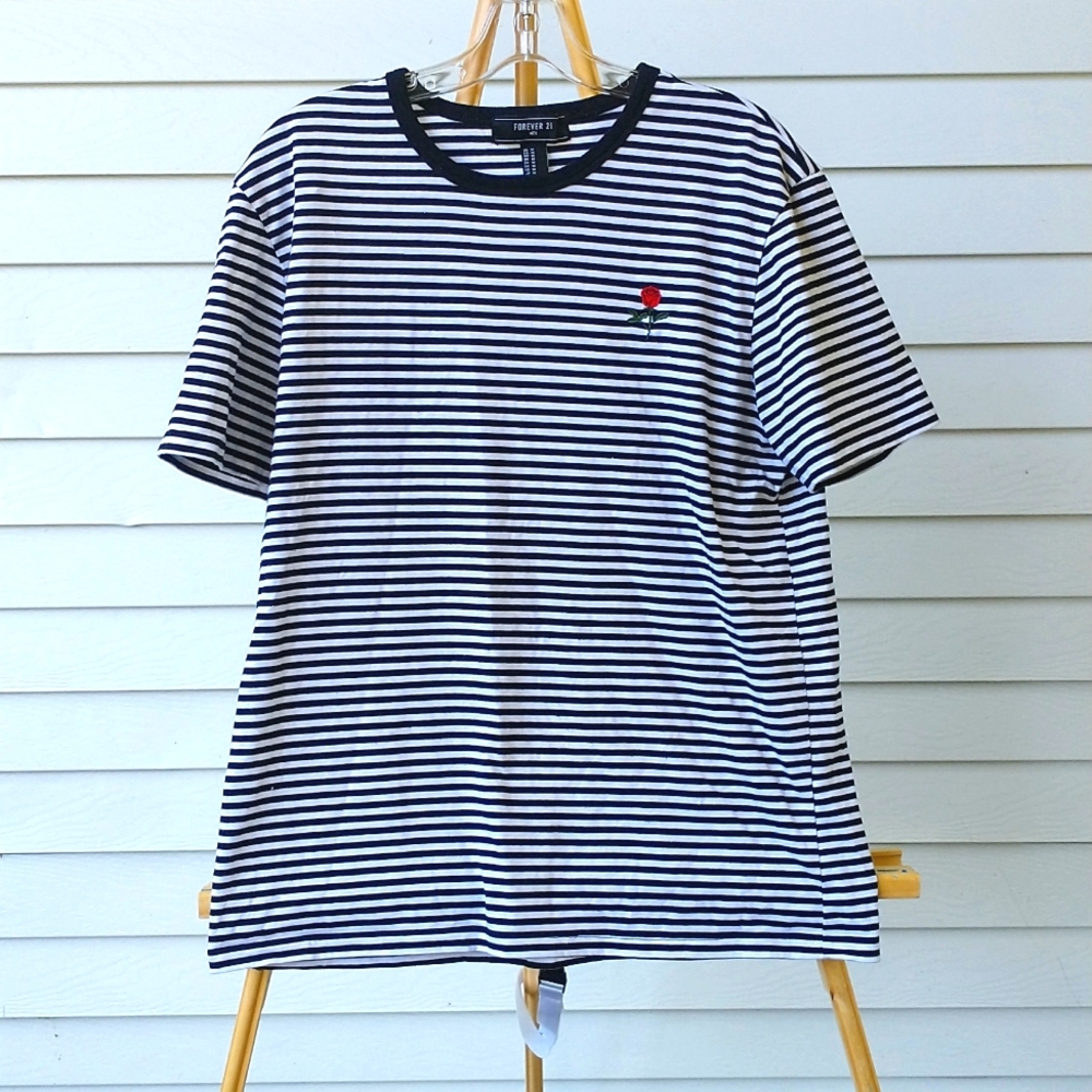 Forever 21 Men's Striped Ringer Tee Shirt with Rose Embroidery Size M